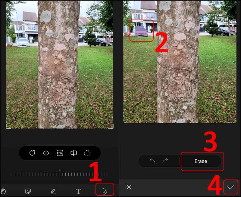 Chọn biểu tượng cục g&ocirc;m > Chọn vật thể cần x&oacute;a > Chọn Erase > Chọn biểu tượng dấu t&iacute;ch khi muốn kết th&uacute;c việc x&oacute;a.